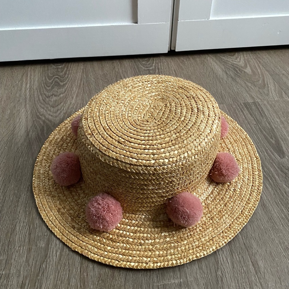 COPY - Hat Attack Straw Hat with pink pom poms NWOT